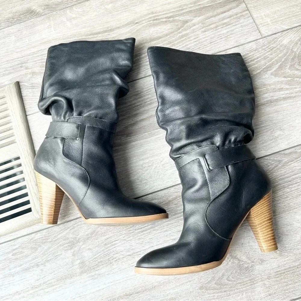Zara Black Slouchy Leather Heeled Tall Boots  Made In Spain - Picture 10 of 15